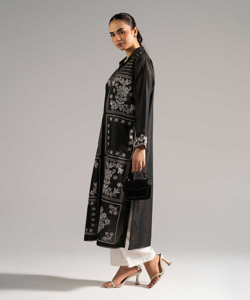 Women's RTW Zari Lawn Embroidered Black Straight Shirt
