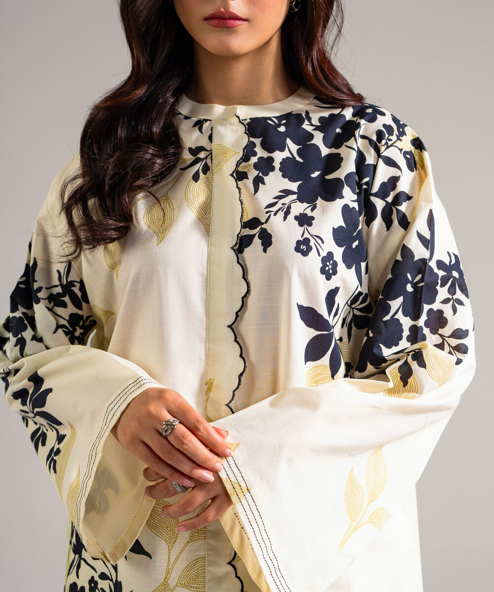 Women's RTW Slub Lawn Printed Off White Drop Shoulder Shirt