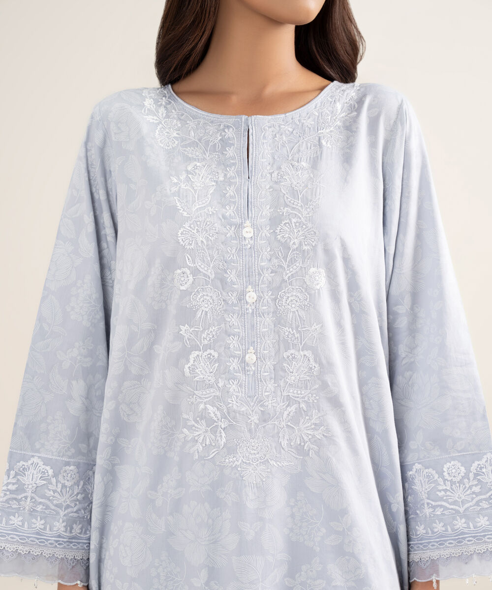 Women's RTW Premium Cotton Satin Embroidered Purple A-Line Shirt