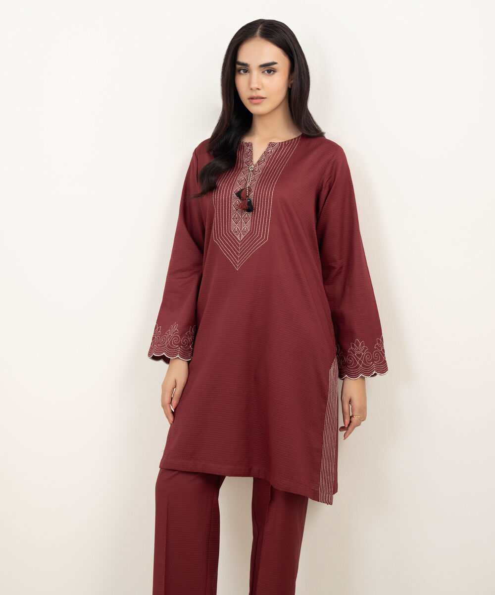 Women's RTW Dobby Embroidered Red Straight Shirt