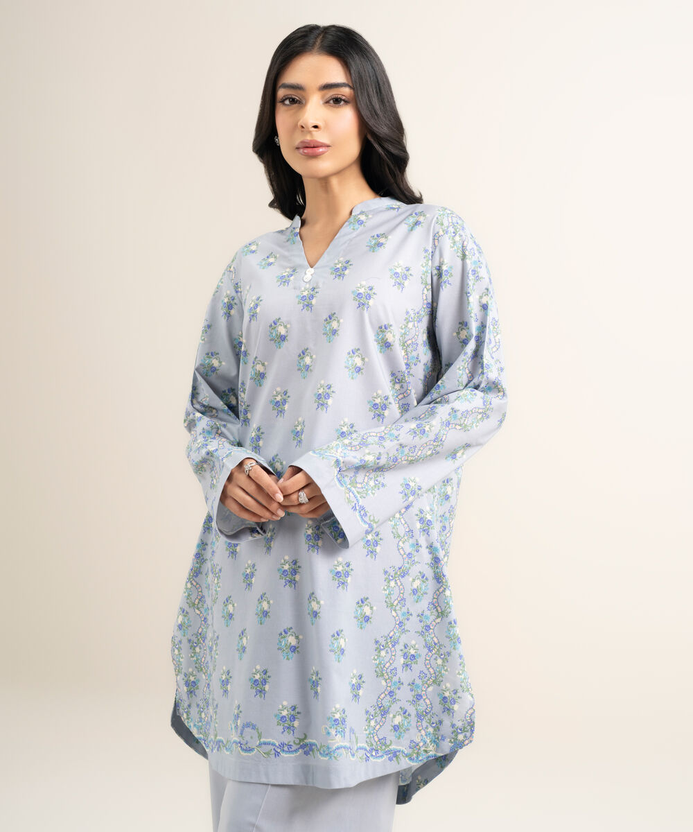 Women's RTW Cotton Viscose Printed Blue Straight Shirt