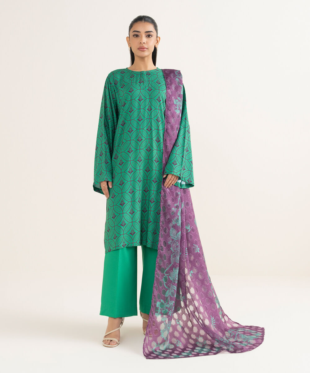 Women's RTW Linen Printed Green Straight Shirt