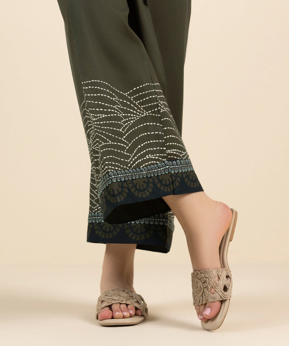 Woman - Green Embroidered Cambric Culottes