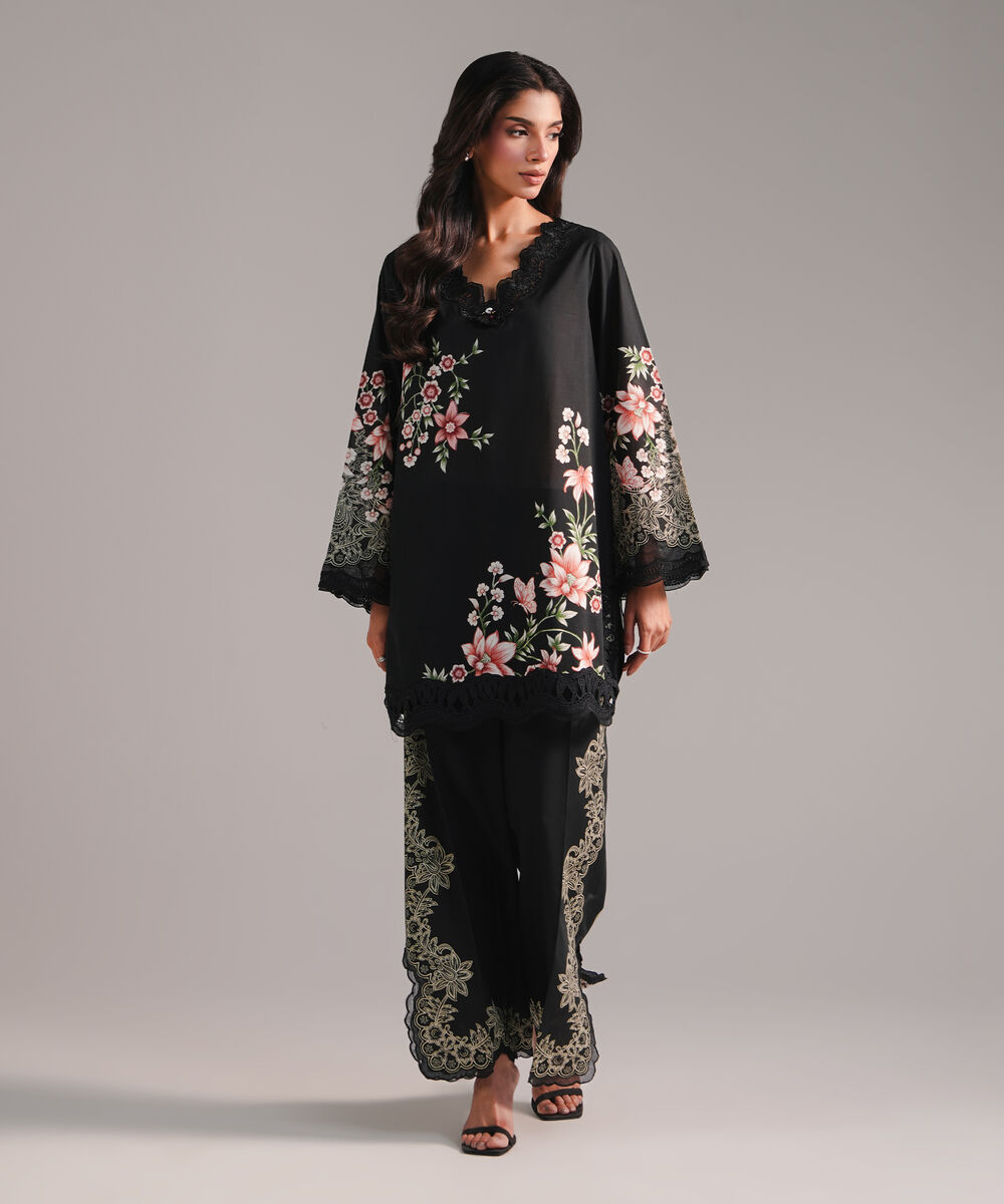 Women's RTW Lawn Embroidered Black Straight Shirt