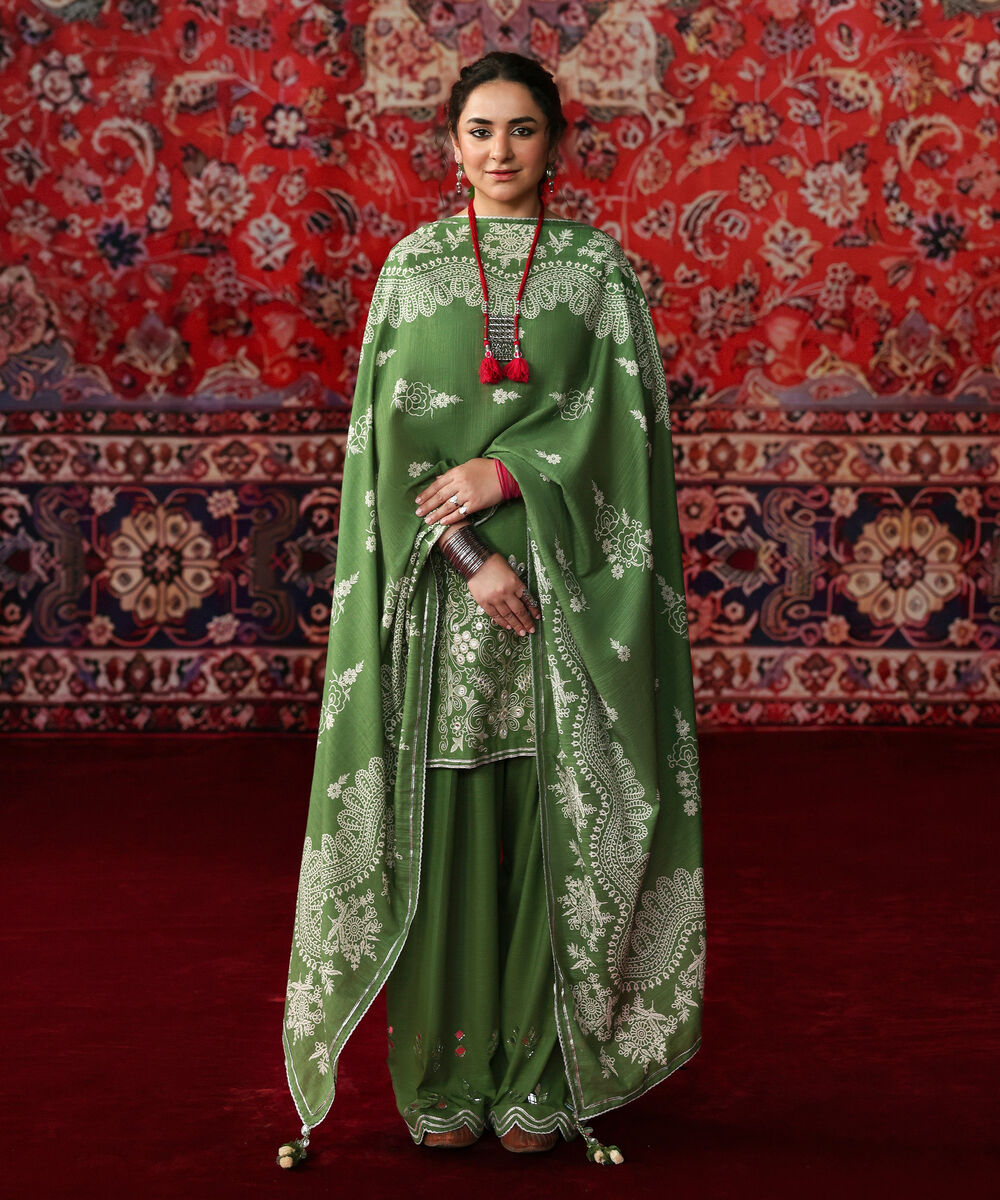 Women's Unstitched Light Khaddar Embroidered Green 3 Piece Suit
