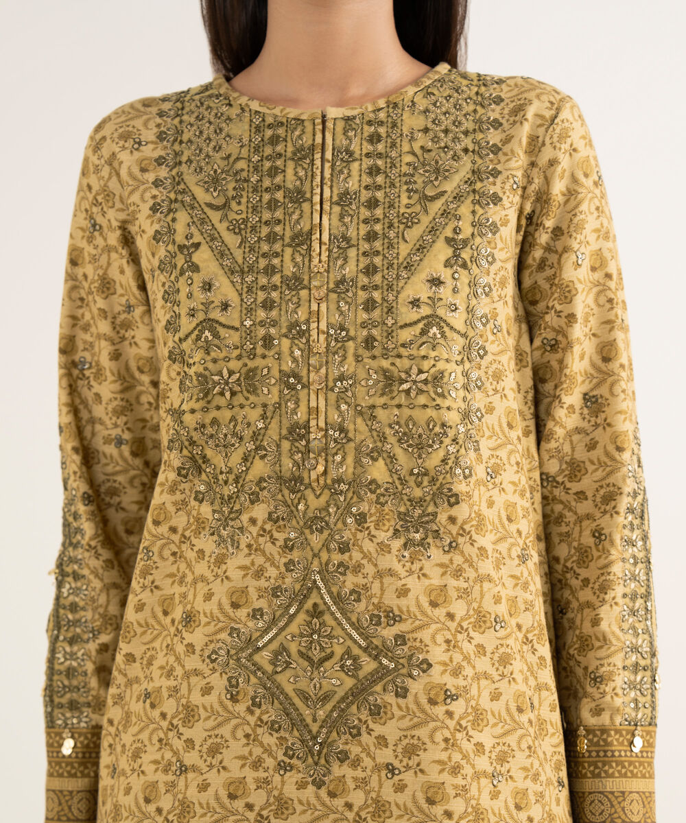 Women's Unstitched Cotton Embroidered Yellow 3 Piece Suit