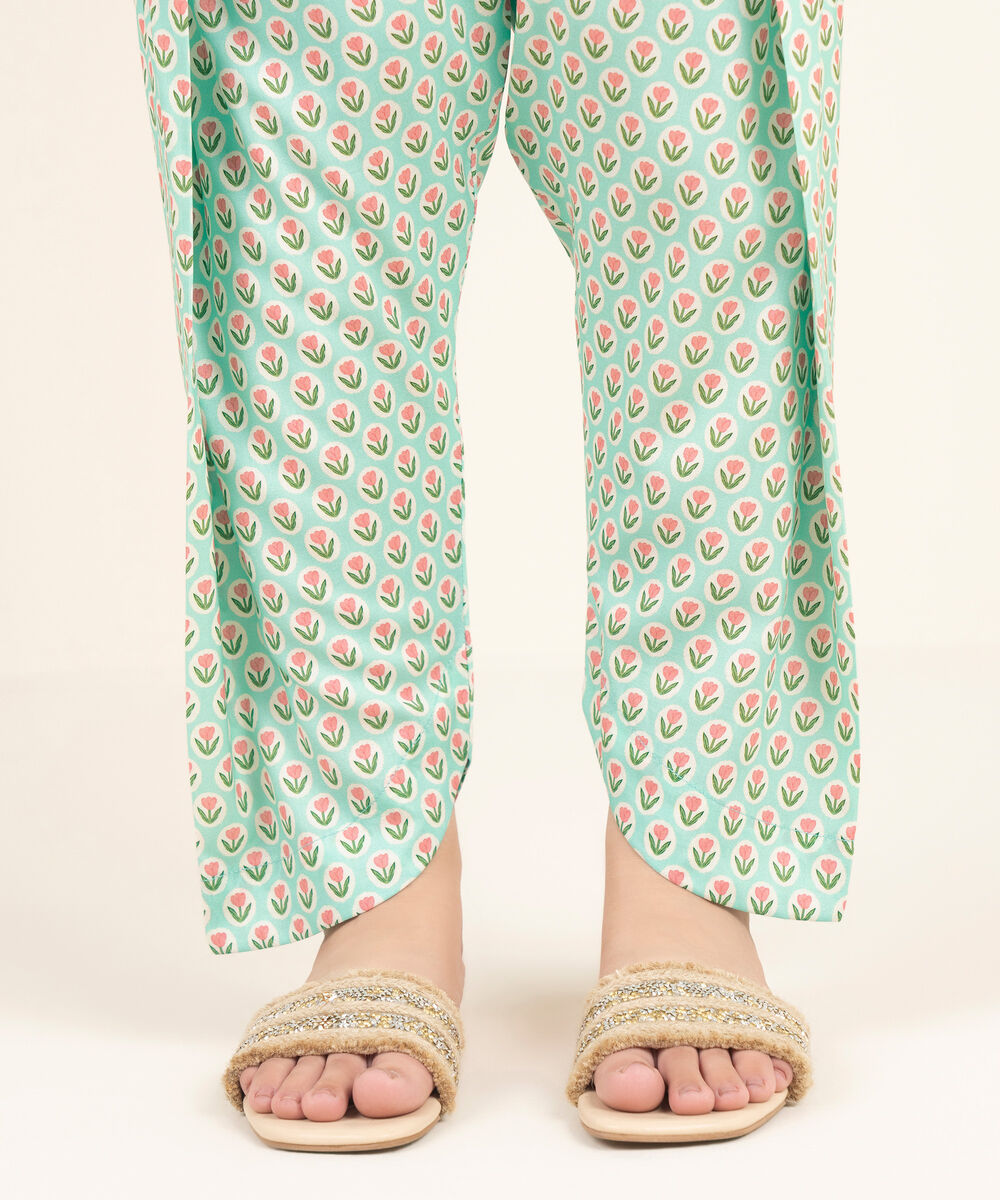 Women's RTW Linen Viscose Printed Turquoise Shalwar