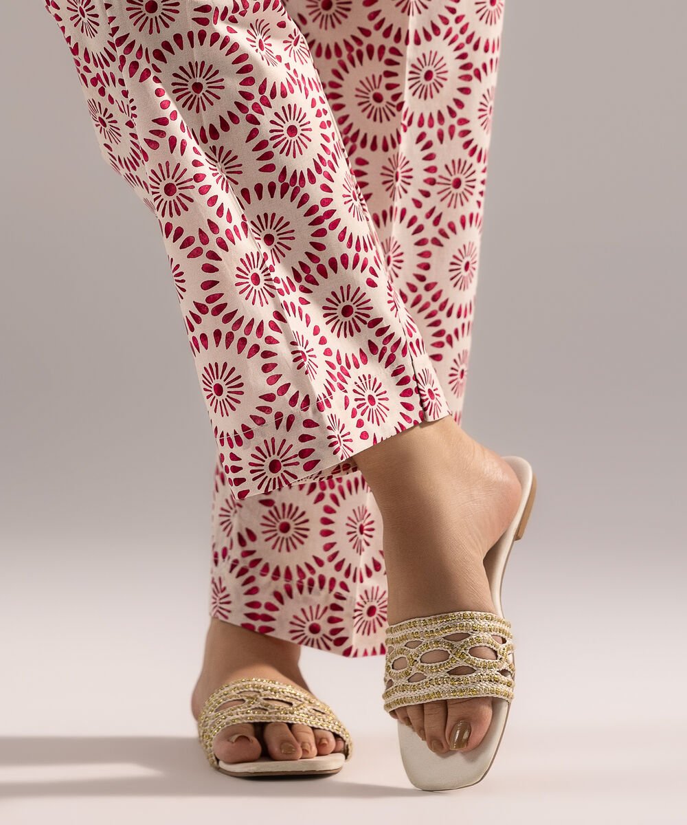 Women's RTW Cambric Printed White Straight Pants