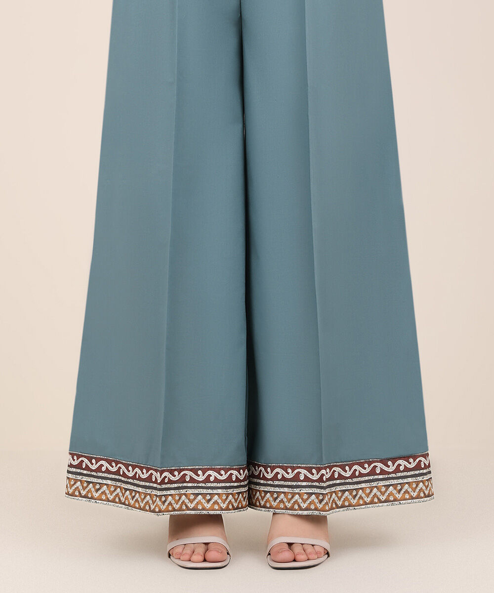 Women's RTW Cambric Blue Solid Flared Pants