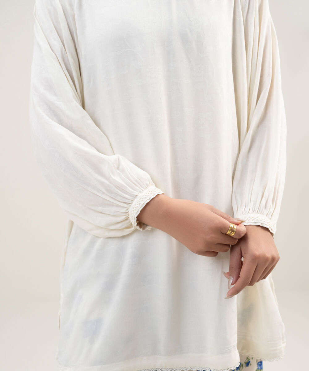 Women's RTW Arabic Self Jacquard Solid Cream White Drop Shoulder Shirt