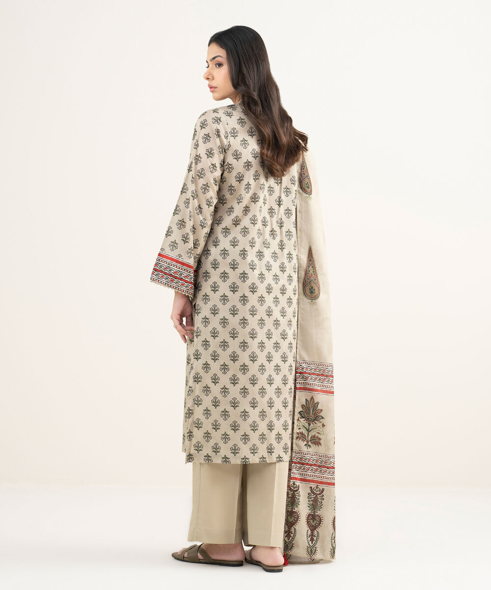 Women's RTW Lawn Printed Beige 3 Piece Suit