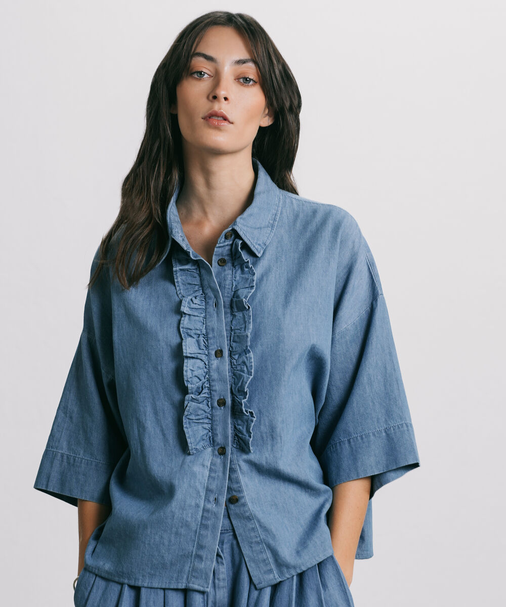 Women's Western Wear Blue Denim Shirt With Neck Frill