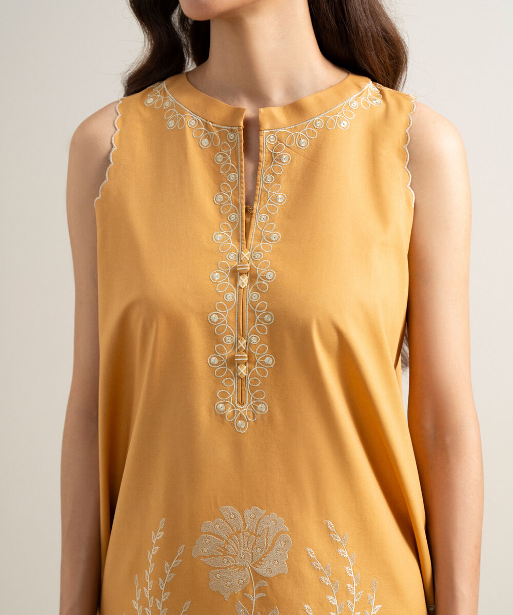 Women's Unstitched Lawn Embroidered Mustard Yellow  3 Piece Suit