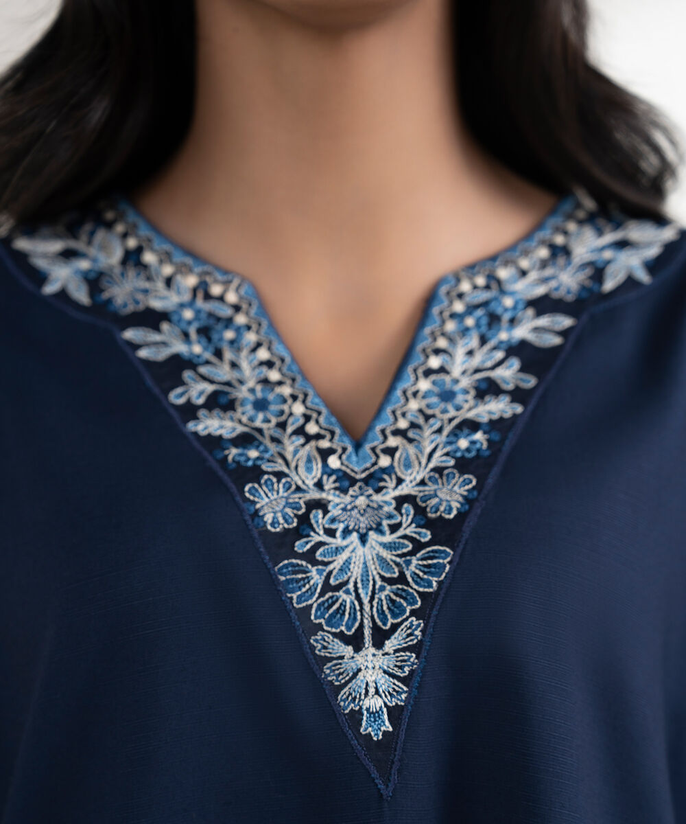 Women's RTW Arabic Khaddar Embroidered Navy Blue Straight Shirt