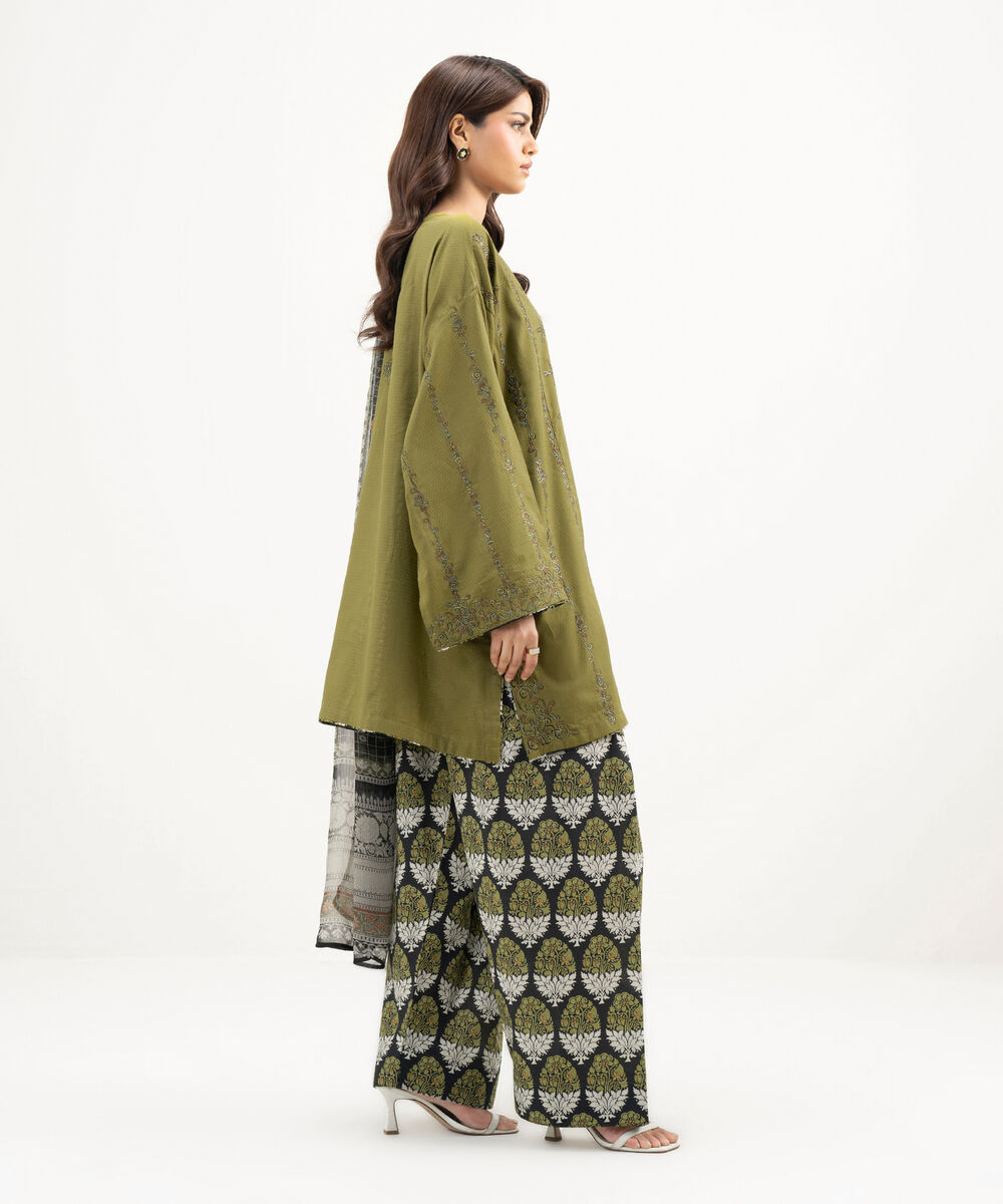 Women's RTW Dobby Embroidered Dark Green 3 Piece Suit