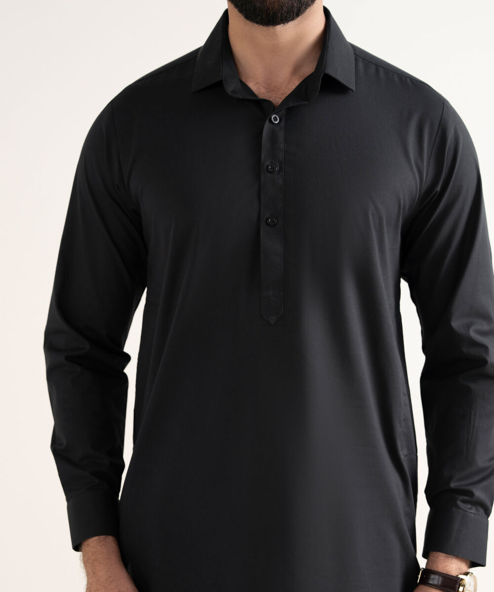 Men's Wash & Wear Plain Black Kurta Shalwar