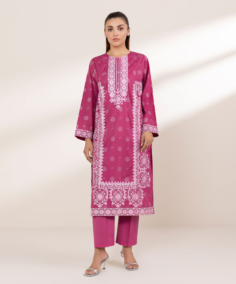 Women's RTW Lawn Pink Embroidered A-Line Shirt