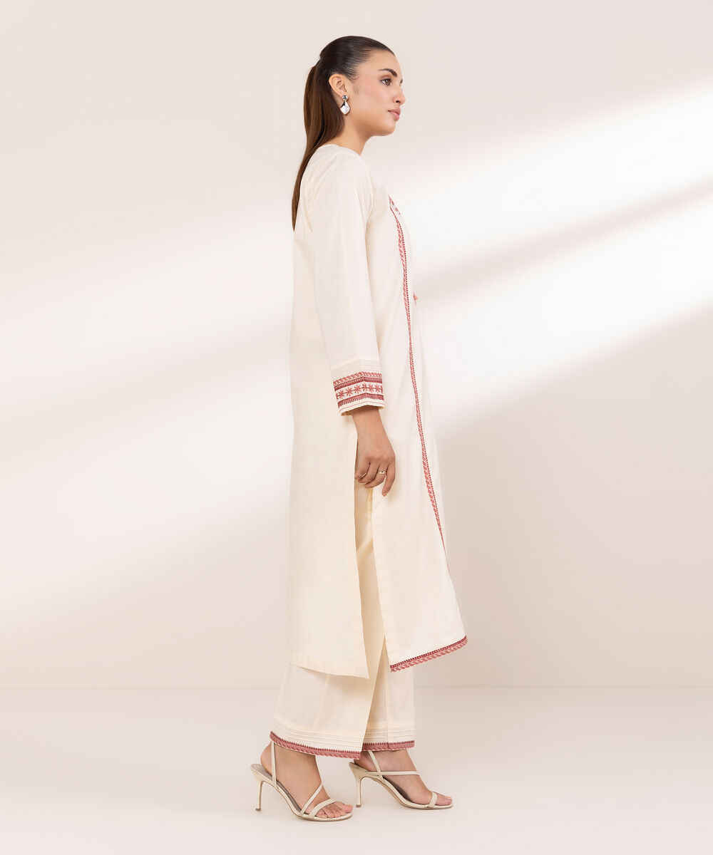 Women's RTW Textured Lawn Pink Embroidered A-Line Shirt