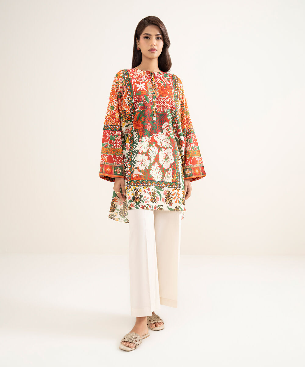 Women's RTW Lawn Printed Orange Straight Shirt