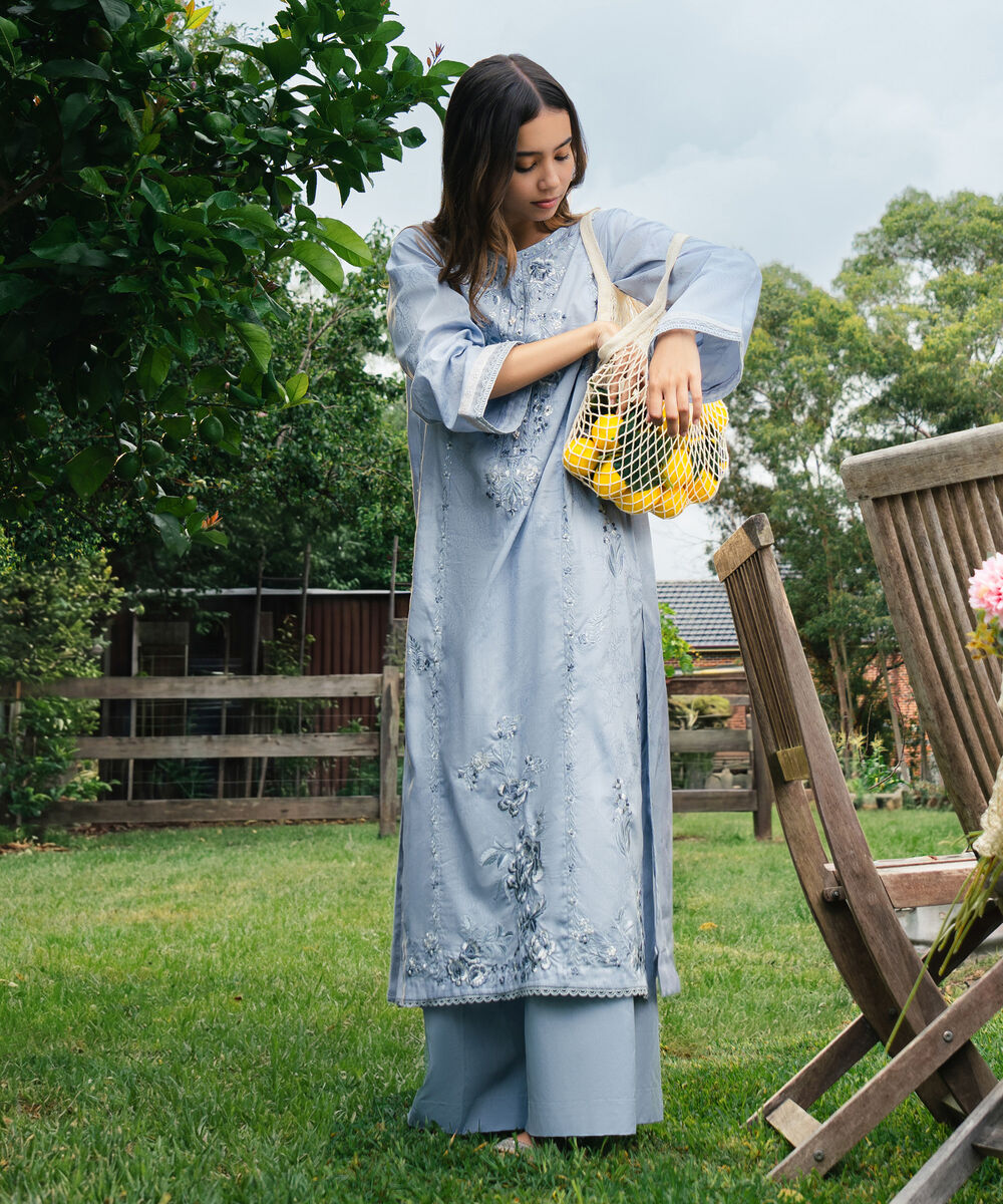 Women's RTW Self Jacquard Embroidered Blue A-Line Shirt