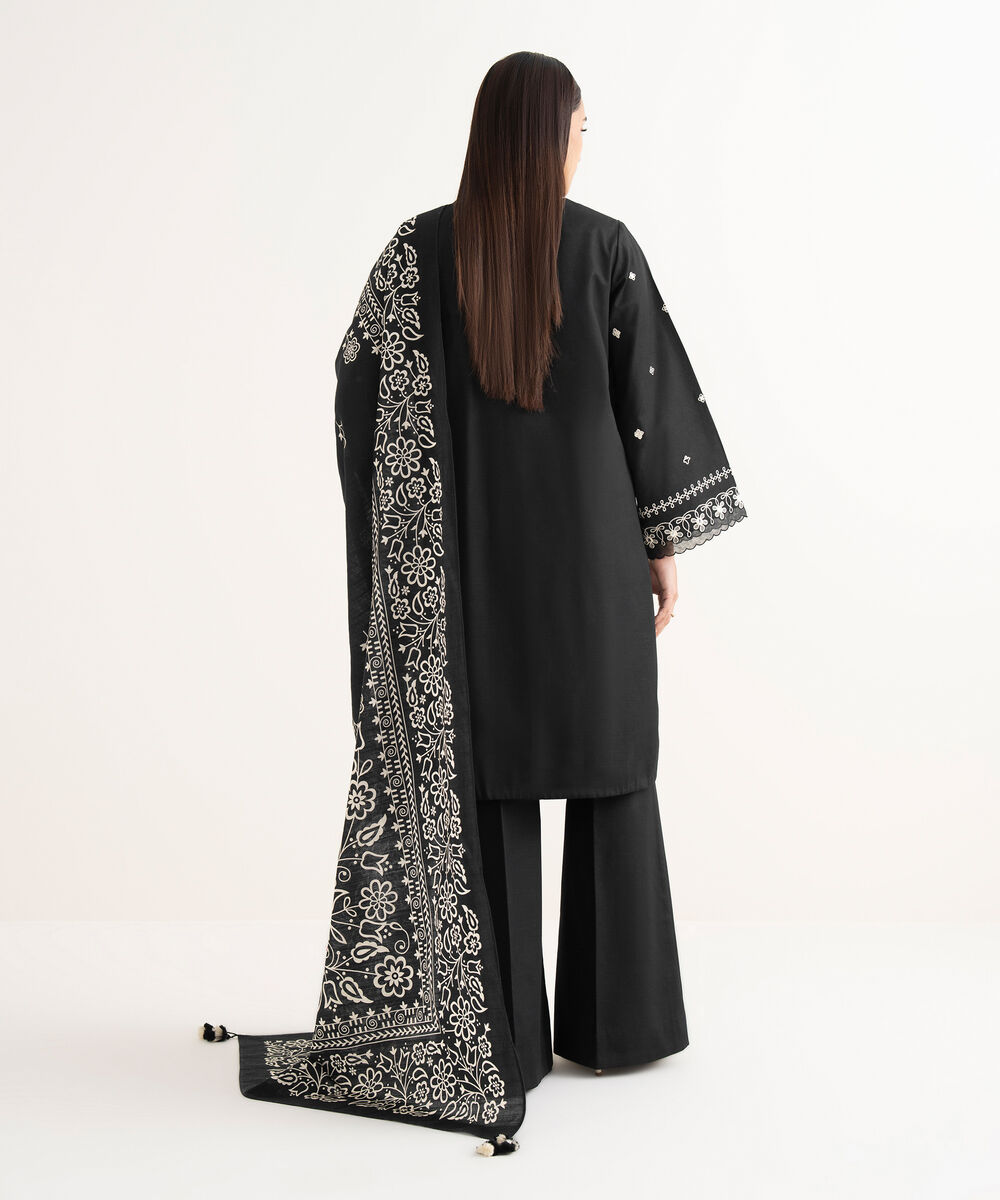 Women's Unstitched Light Khaddar Embroidered Black 3 Piece Suit
