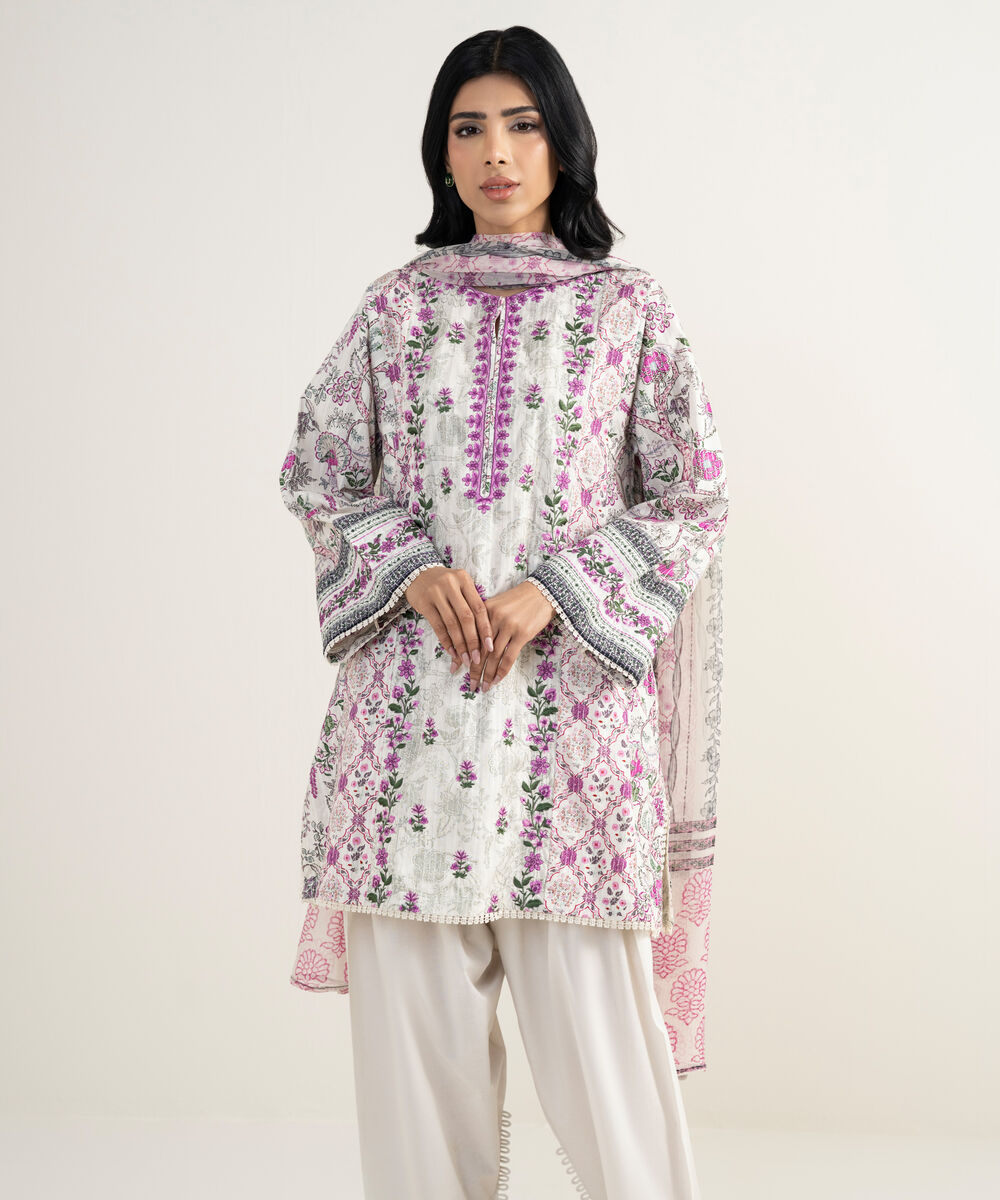 Women's RTW Cotton Embroidered Off White 3 Piece Suit