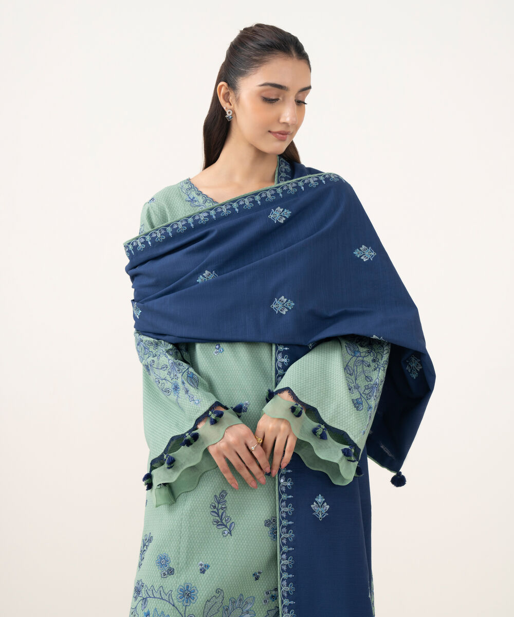 Women's Unstitched Dobby Embroidered Green 3 Piece Suit