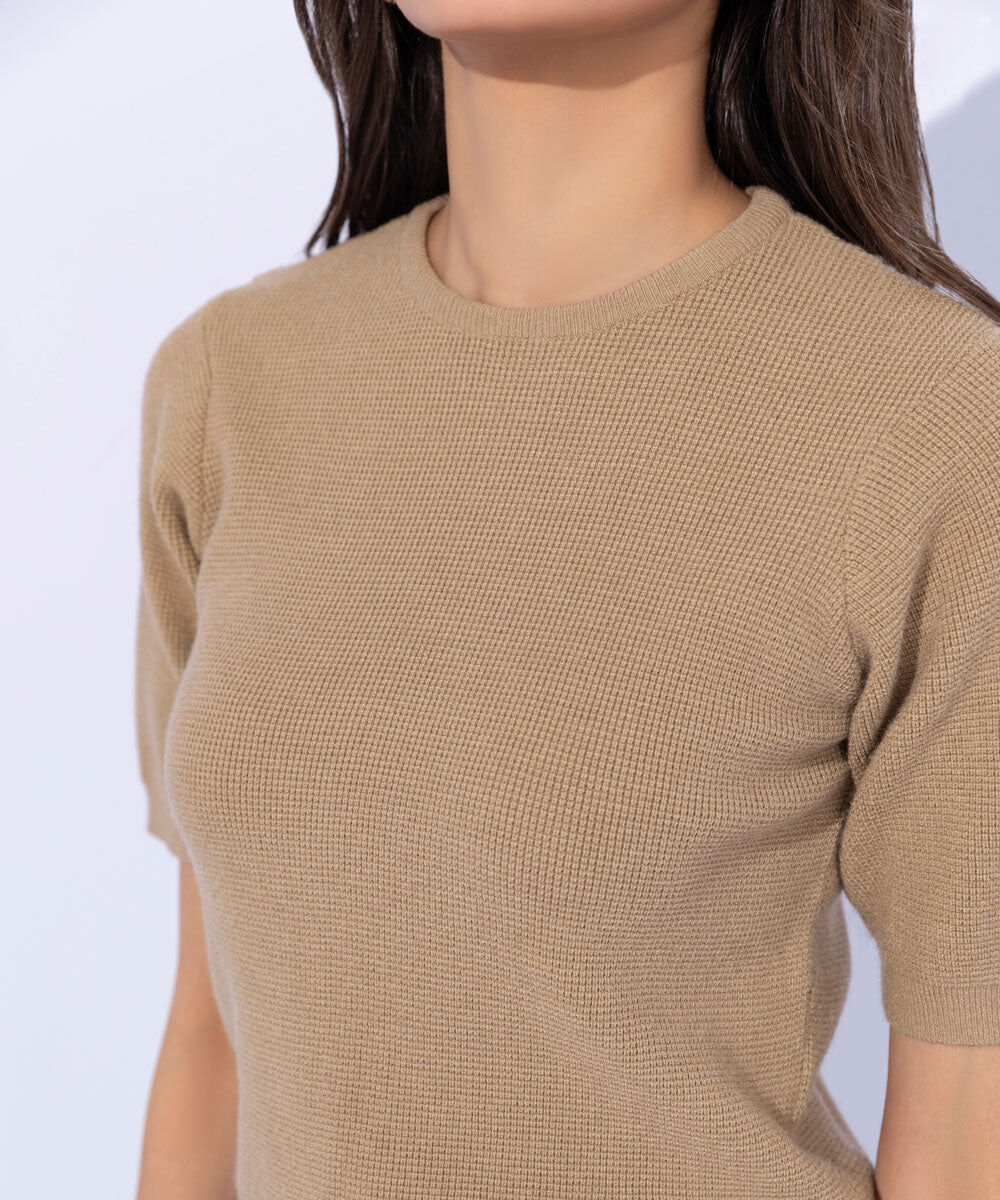 Woman - Beige Short Sleeve Sweater