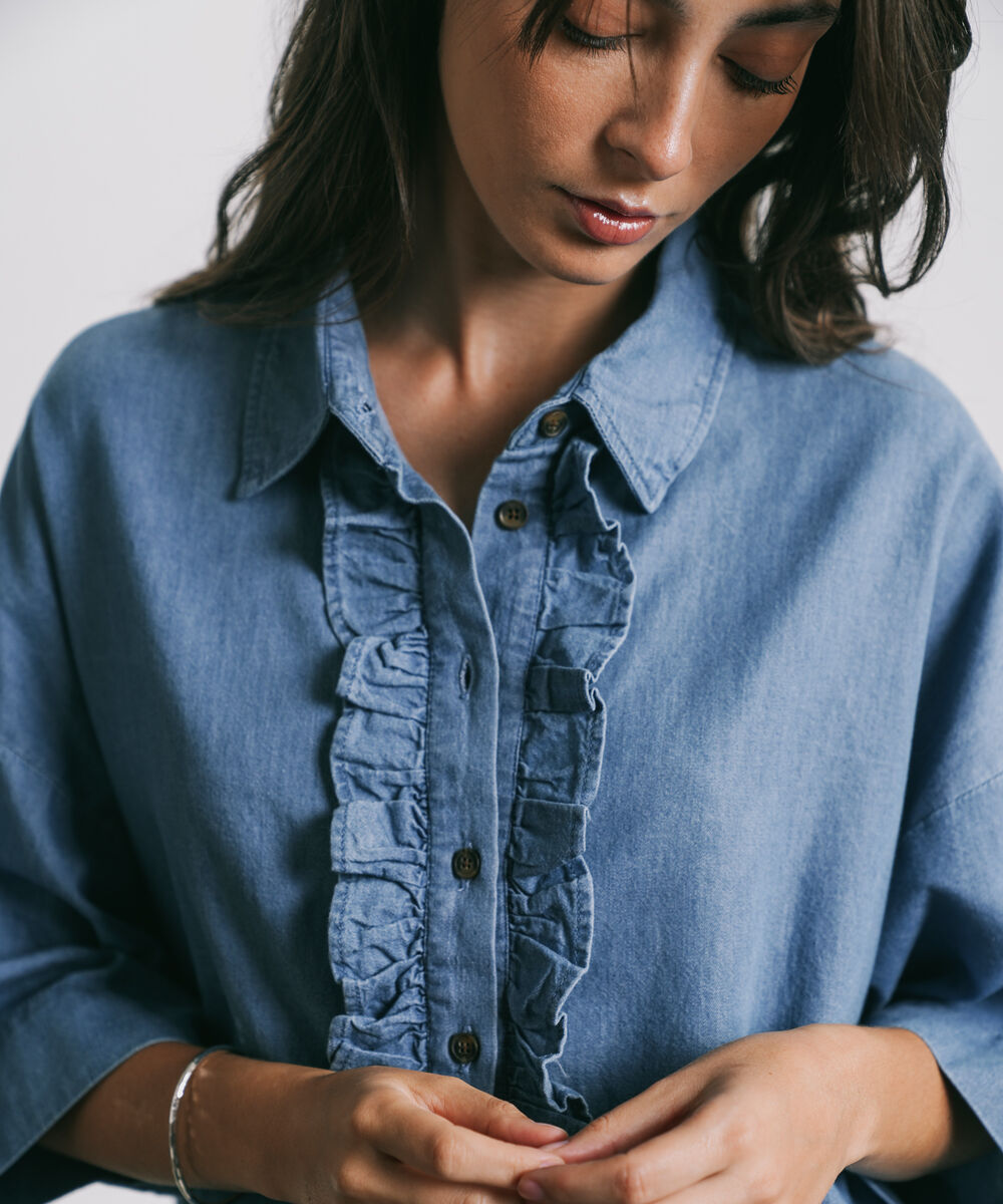 Women's Western Wear Blue Denim Shirt With Neck Frill