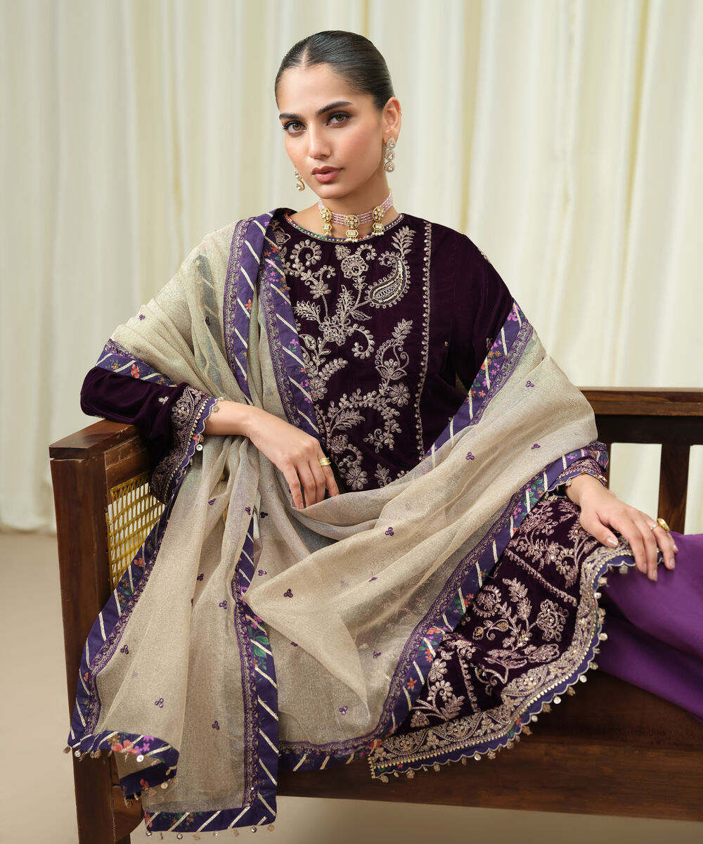 Women's Unstitched Velvet Embroidered Purple 3 Piece Suit