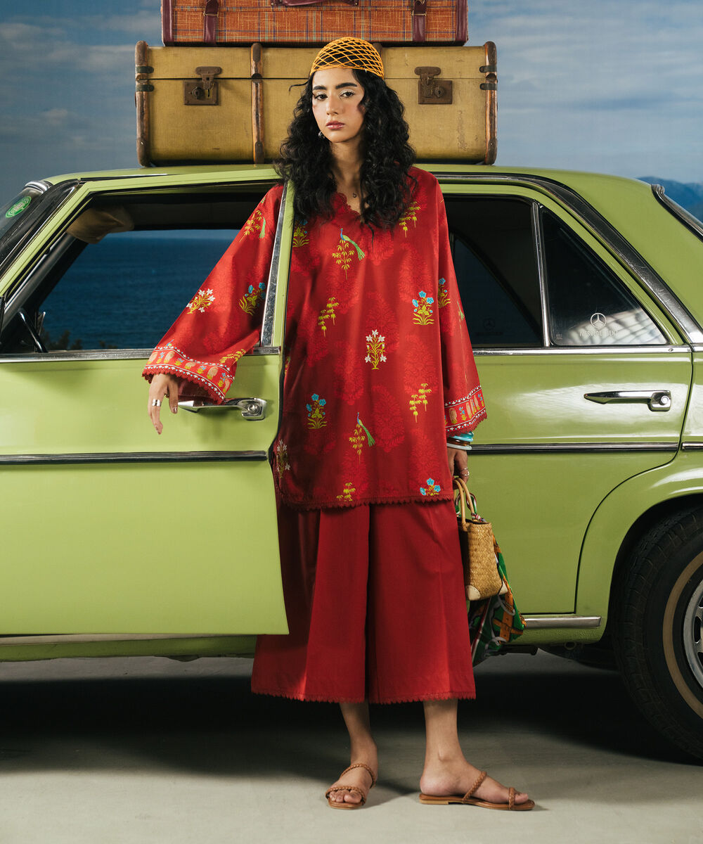 Women's RTW Slub Lawn Printed Red Drop Shoulder Shirt