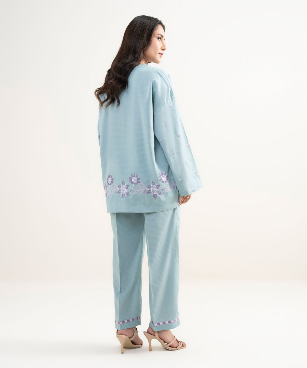 Women's RTW Dobby Embroidered Blue Drop Shoulder Shirt