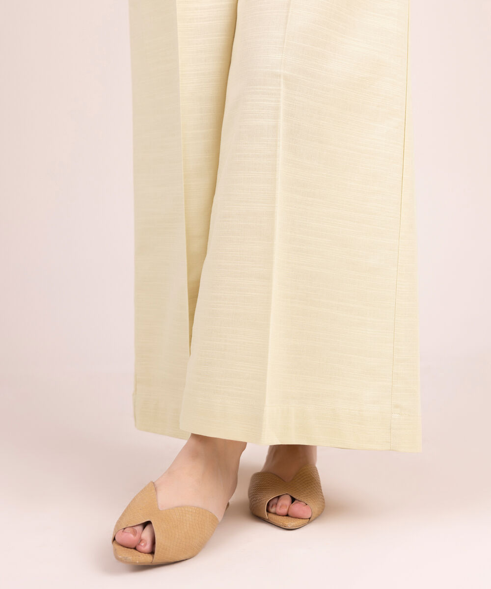 Women's RTW Cotton Solid Off White Flared Pants