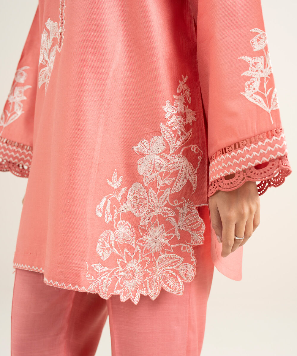 Women's RTW Silk Cotton Net Embroidered Pink 2 Piece Suit