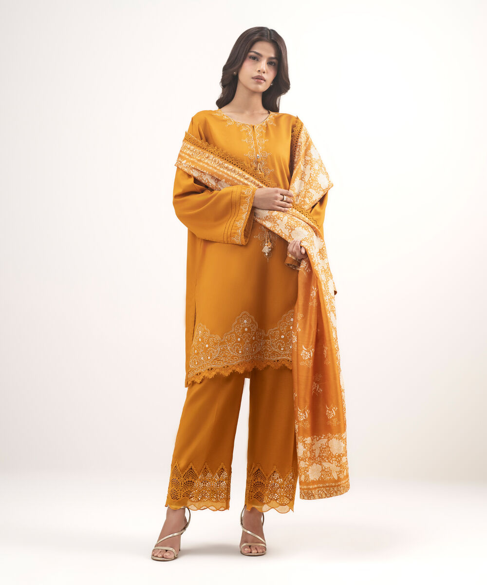 Women's RTW Raw Silk Viscose Embroidered Orange 3 Piece Suit
