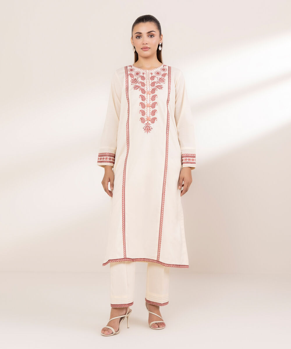 Women's RTW Textured Lawn Pink Embroidered A-Line Shirt