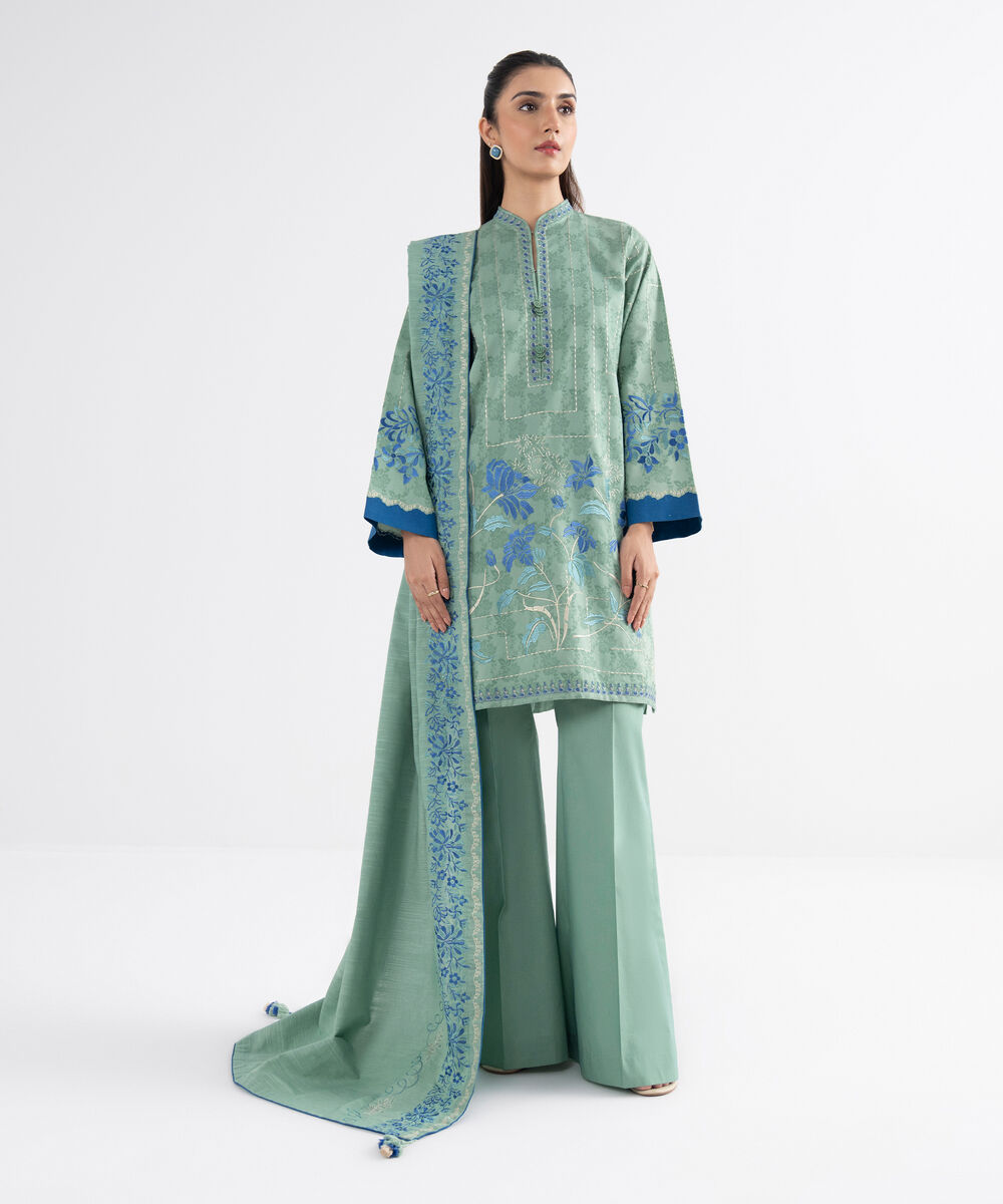 Women's Unstitched Cotton Jacquard Embroidered Green 3 Piece Suit