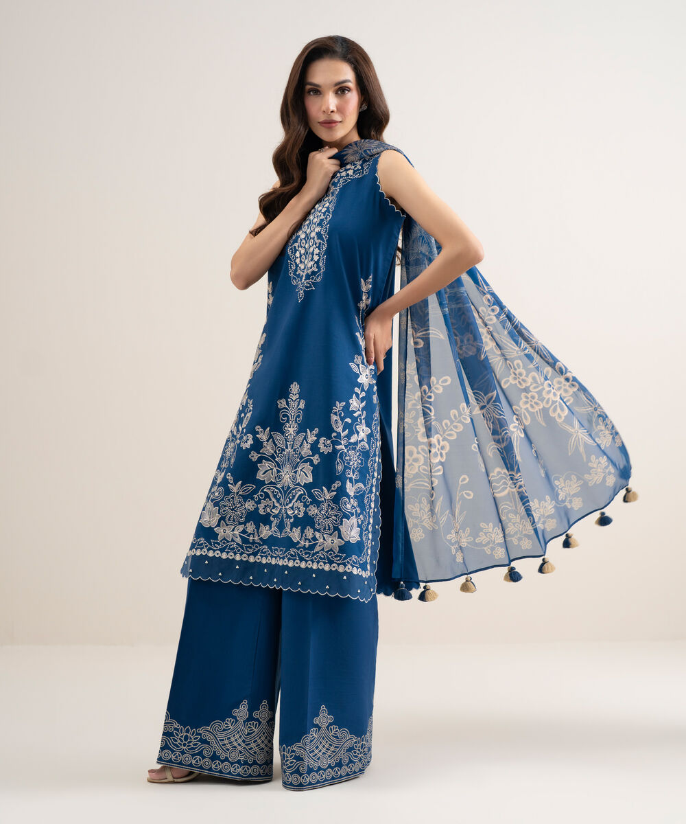 Women's Unstitched Slub Lawn Embroidered Teal Blue 3 Piece Suit