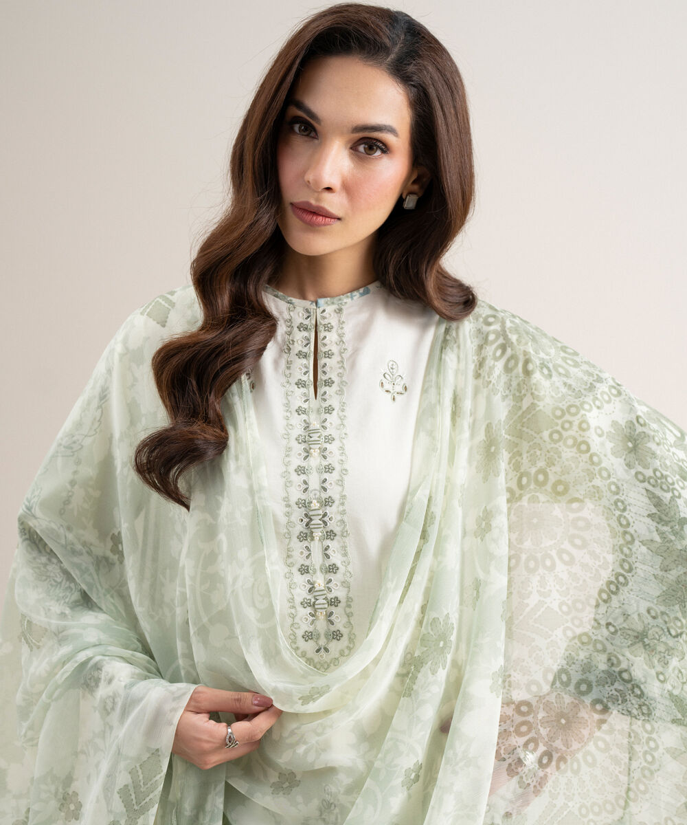 Women's Unstitched Lawn Embroidered Off White 3 Piece Suit