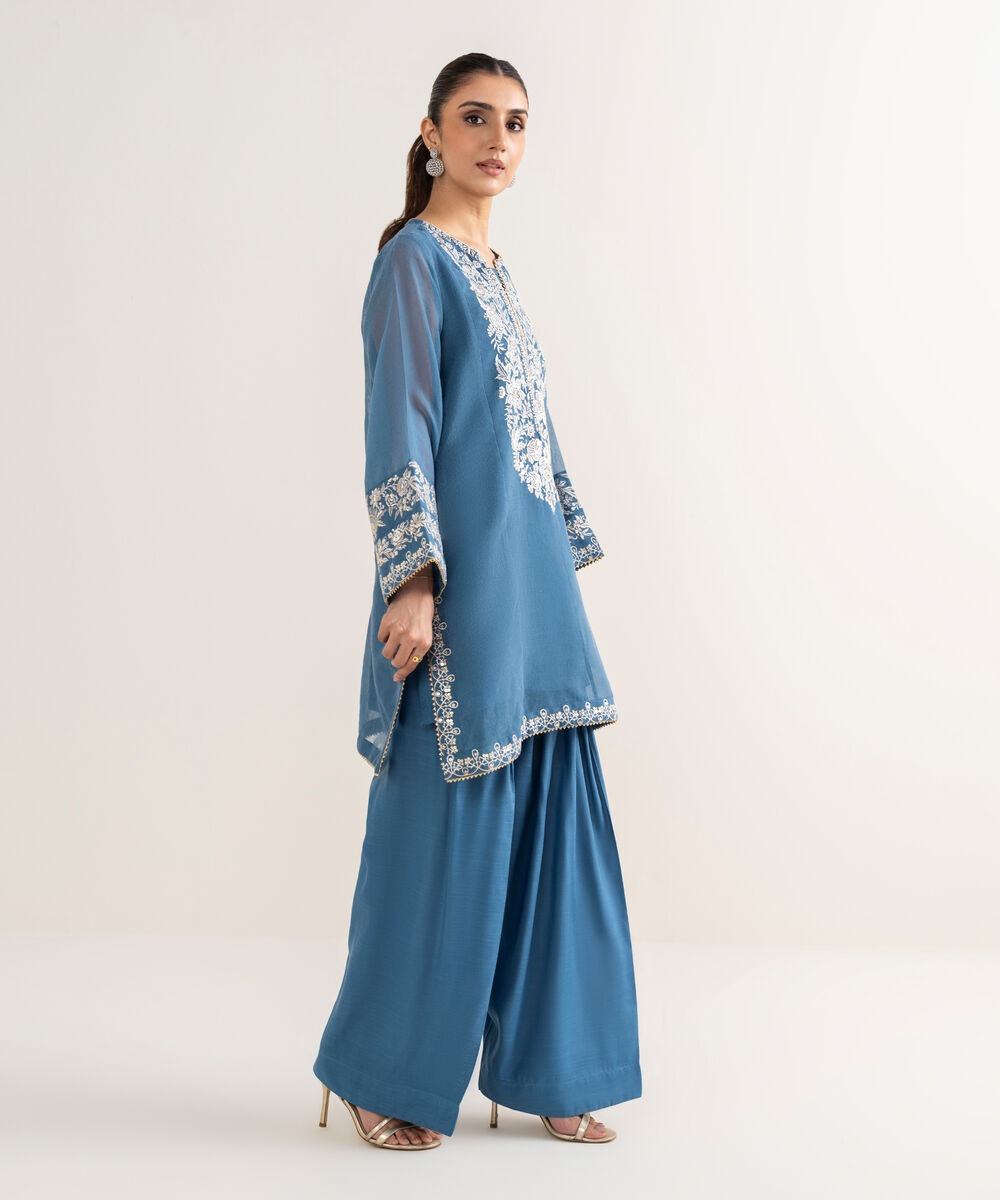 Women's RTW Blended Textured Karandi Embroidered Straight Blue Shirt