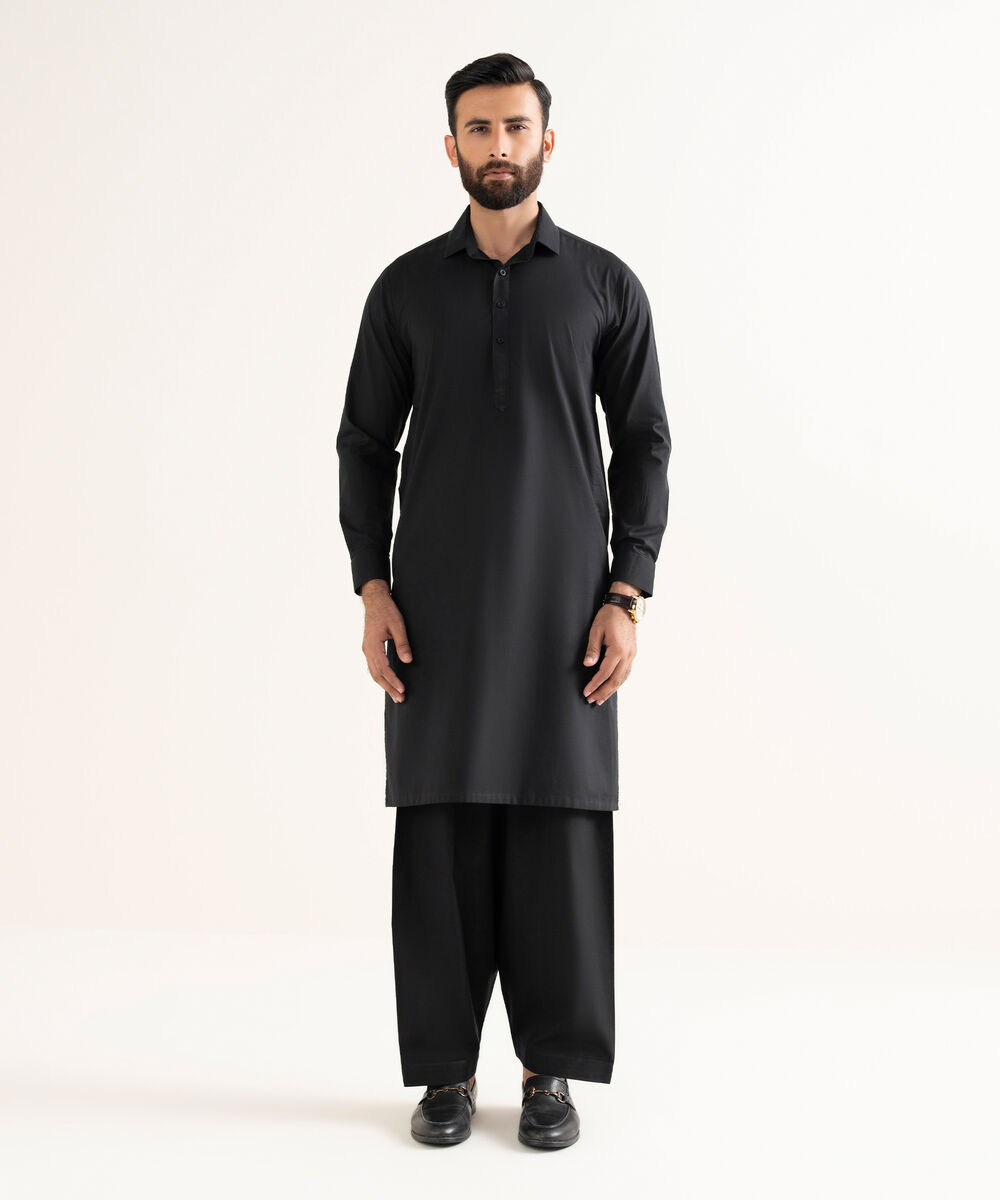 Men's Wash & Wear Plain Black Kurta Shalwar