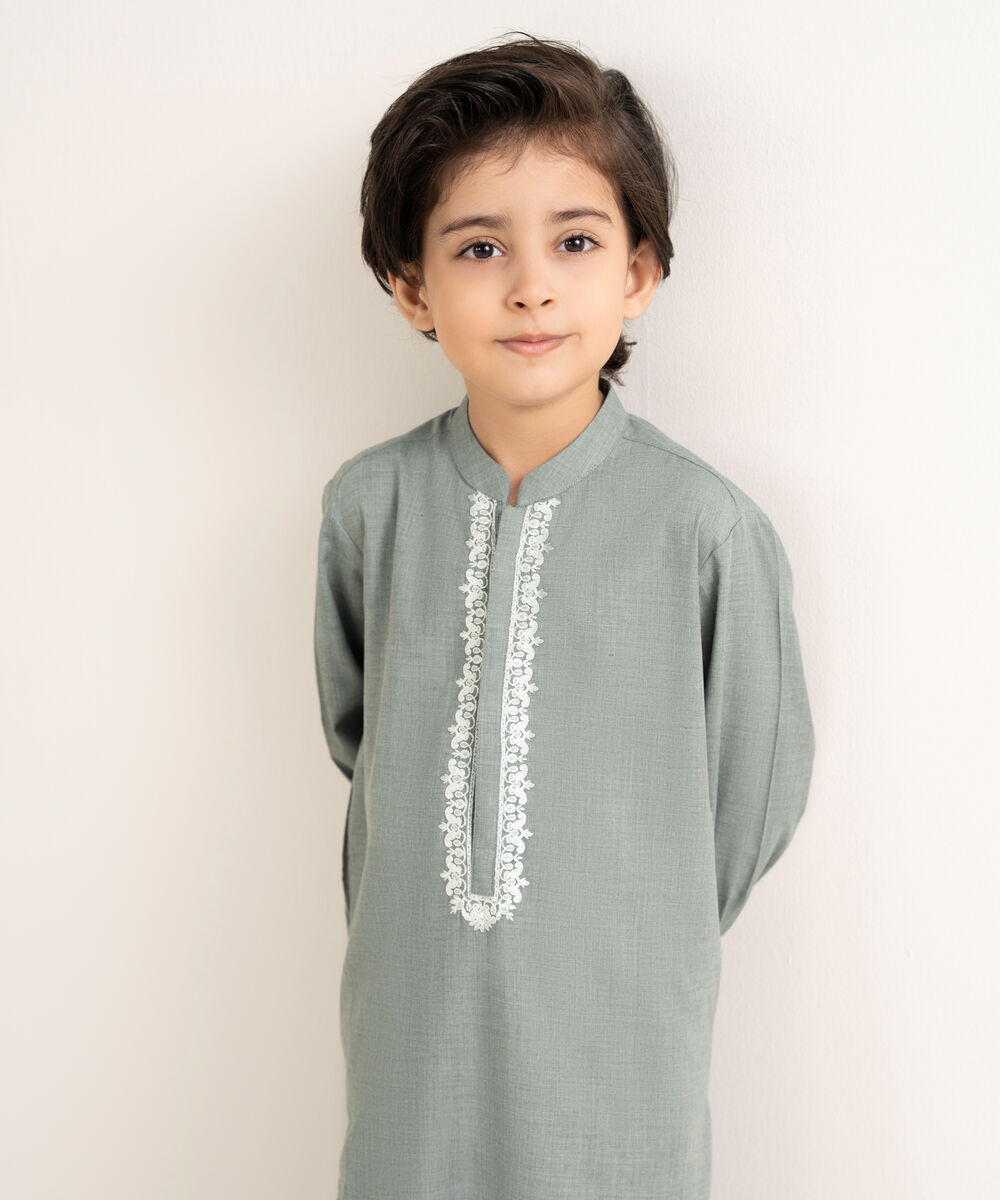 Men's Textured Wash & Wear Embroidered Grey Kurta Shalwar