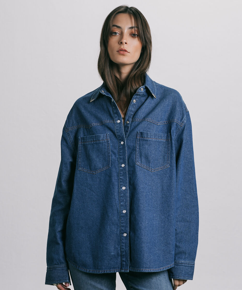 Women's Western Wear Blue Metal Tipped Denim Shirt