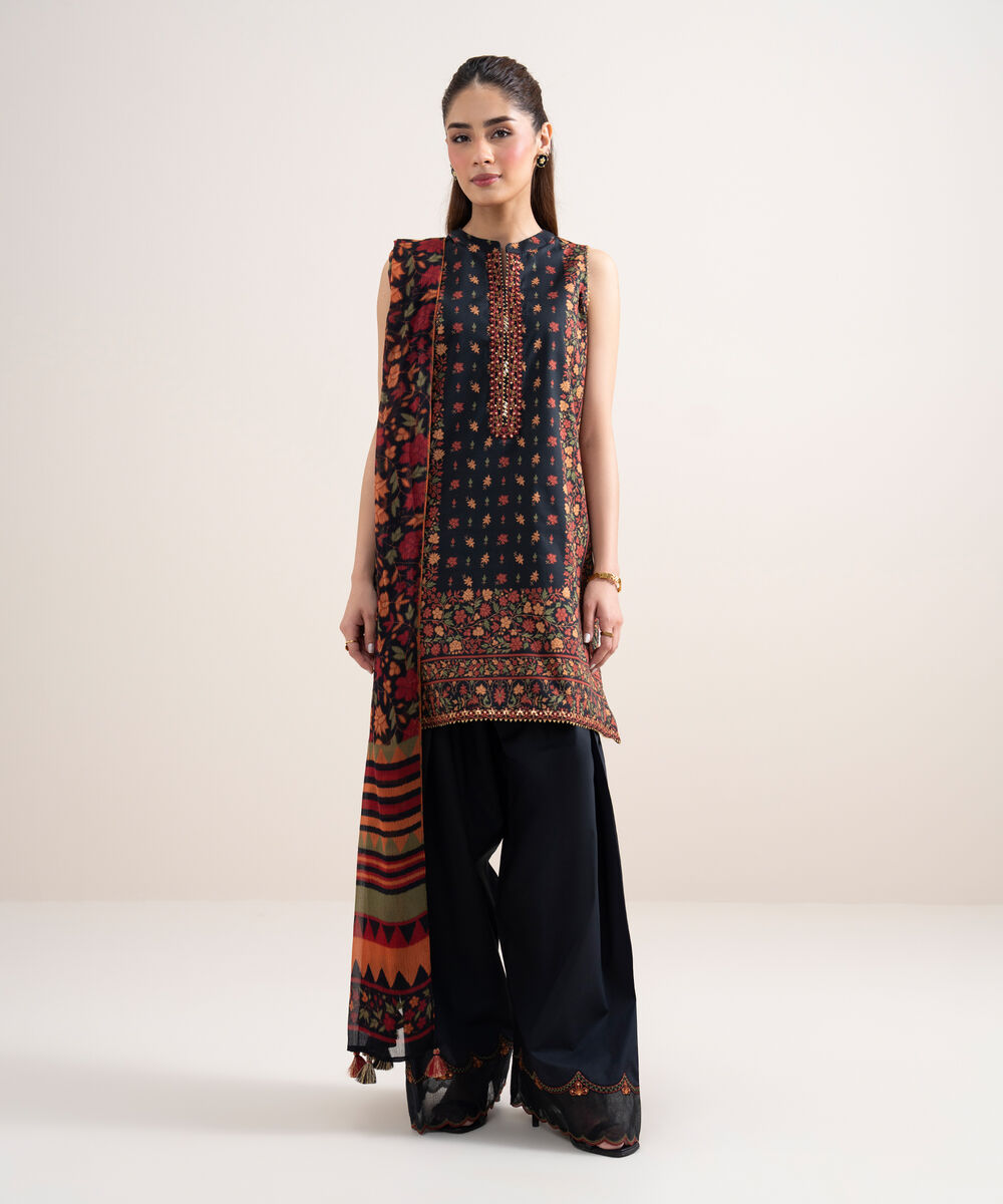 Women's Unstitched Lawn Embroidered Black 3 Piece Suit