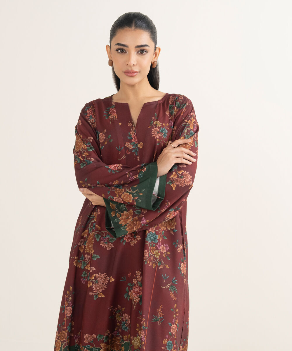 Women's RTW Linen Printed Maroon 2 Piece Suit