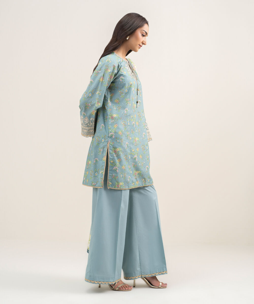 Women's RTW Zari Lawn Embroidered Blue 3 Piece Suit