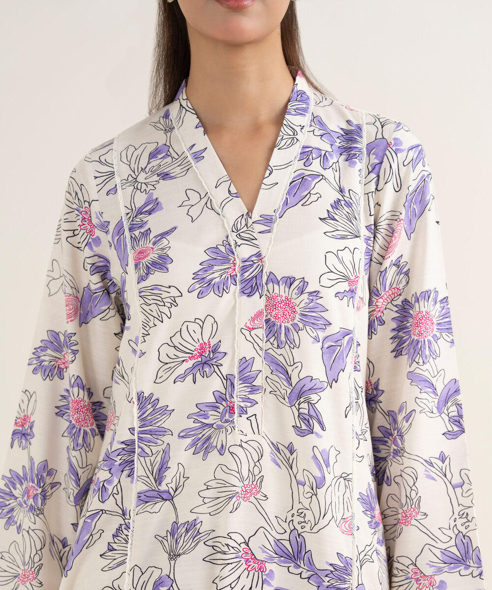 Women's RTW Herringbone Printed White A-Line Shirt