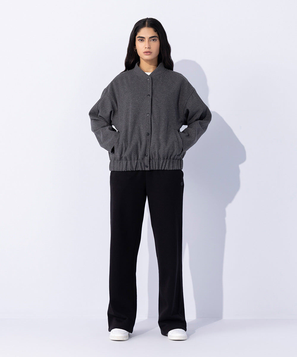 Woman - Grey Woolen Effect Varsity Jacket