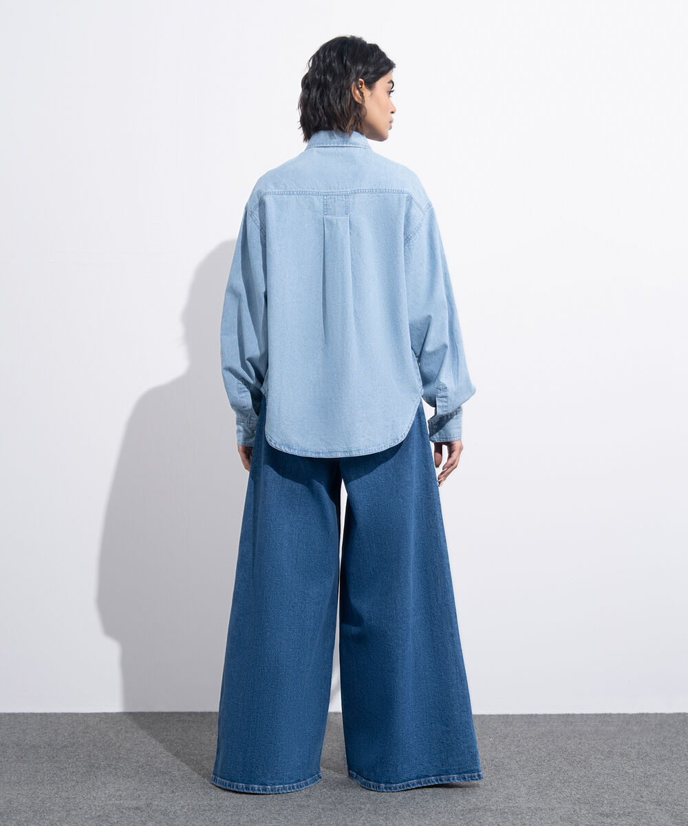 Women's Western Wear Blue Button Through Denim Shirt