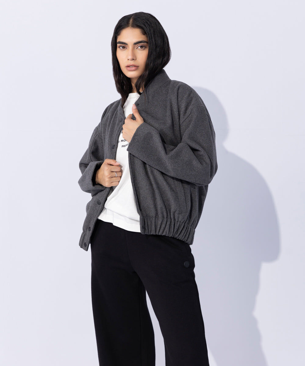 Woman - Grey Woolen Effect Varsity Jacket